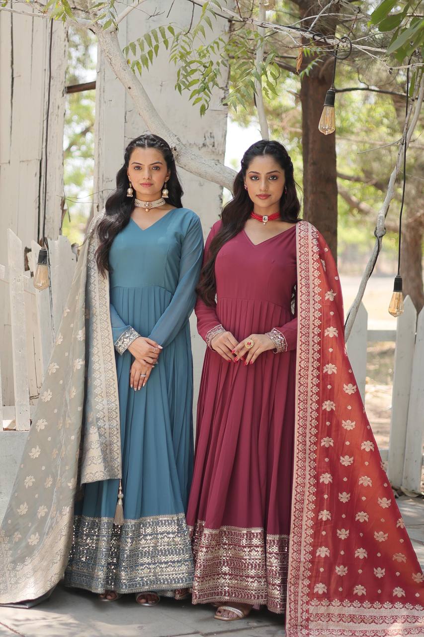 Faux Georgette Gown with Sequins Embroidered Work and Viscose Jacquard Dupatta