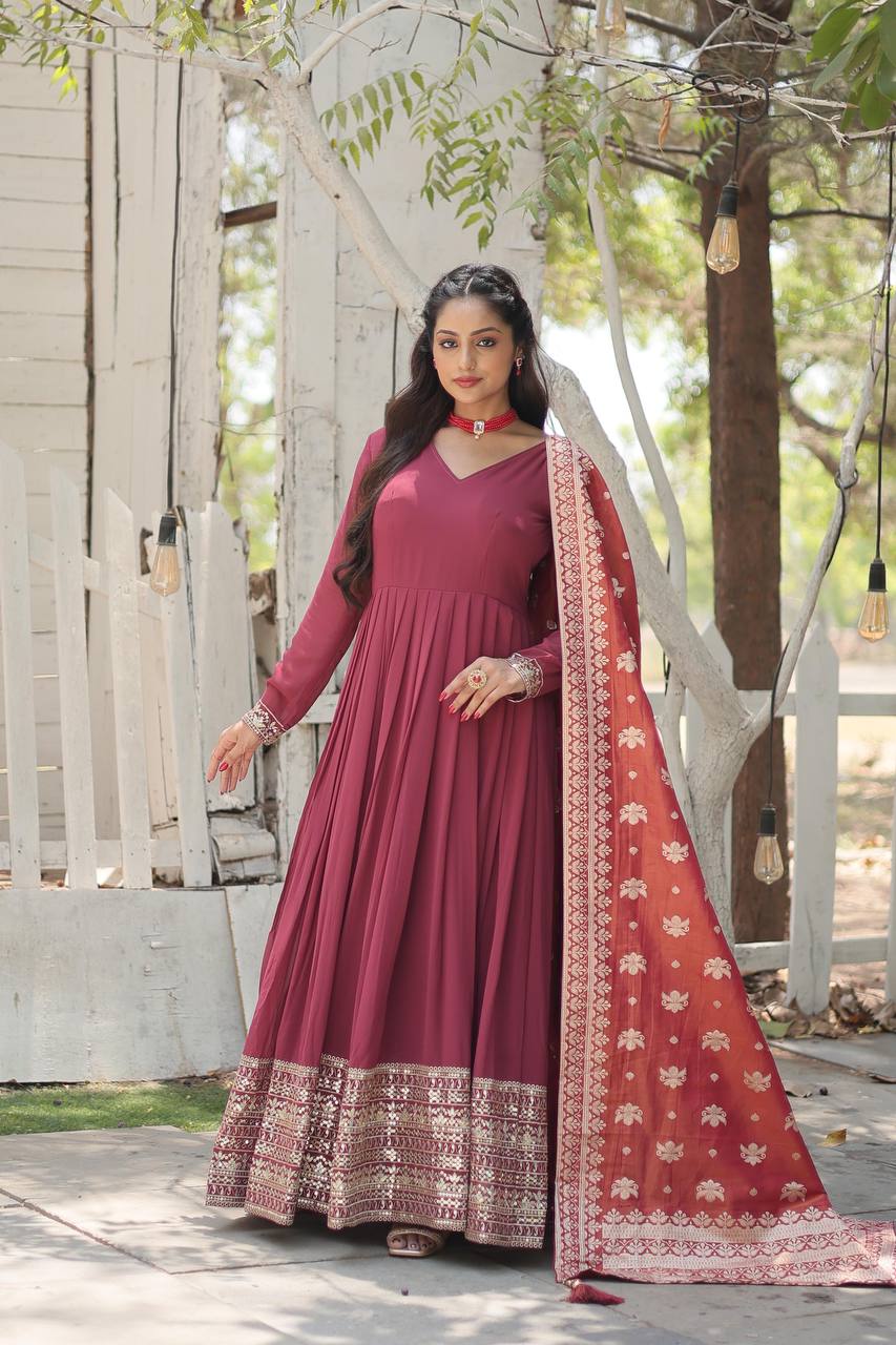 Faux Georgette Gown with Sequins Embroidered Work and Viscose Jacquard Dupatta