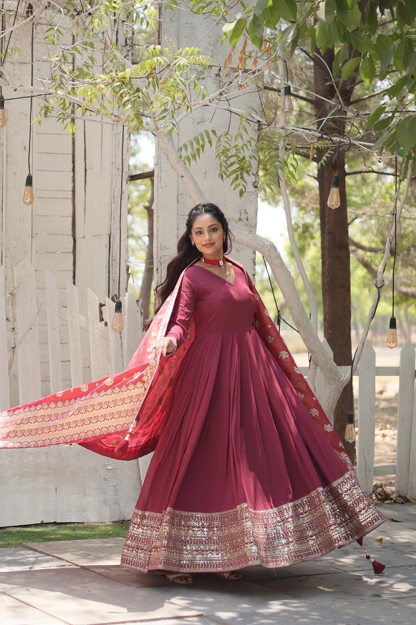 Faux Georgette Gown with Sequins Embroidered Work and Viscose Jacquard Dupatta