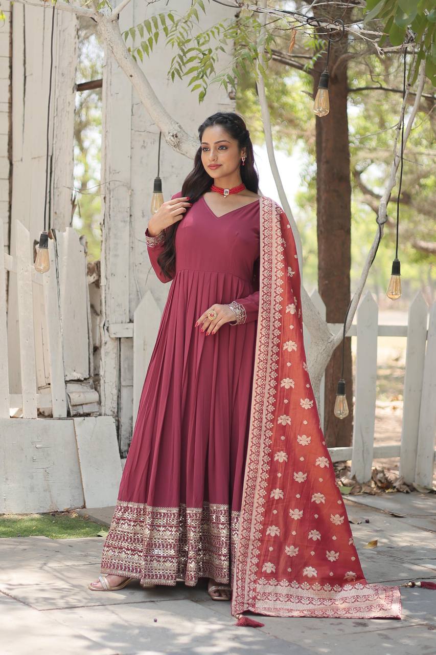 Faux Georgette Gown with Sequins Embroidered Work and Viscose Jacquard Dupatta