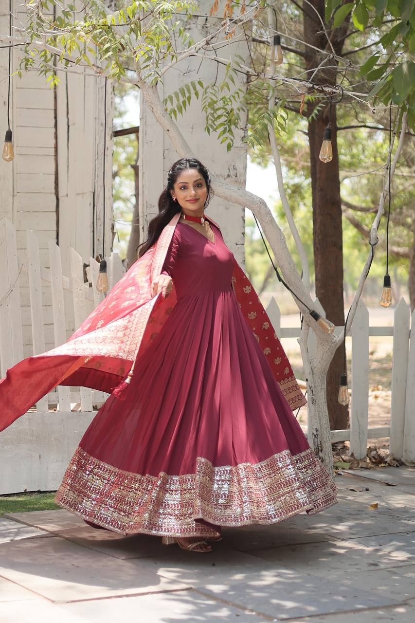 Faux Georgette Gown with Sequins Embroidered Work and Viscose Jacquard Dupatta