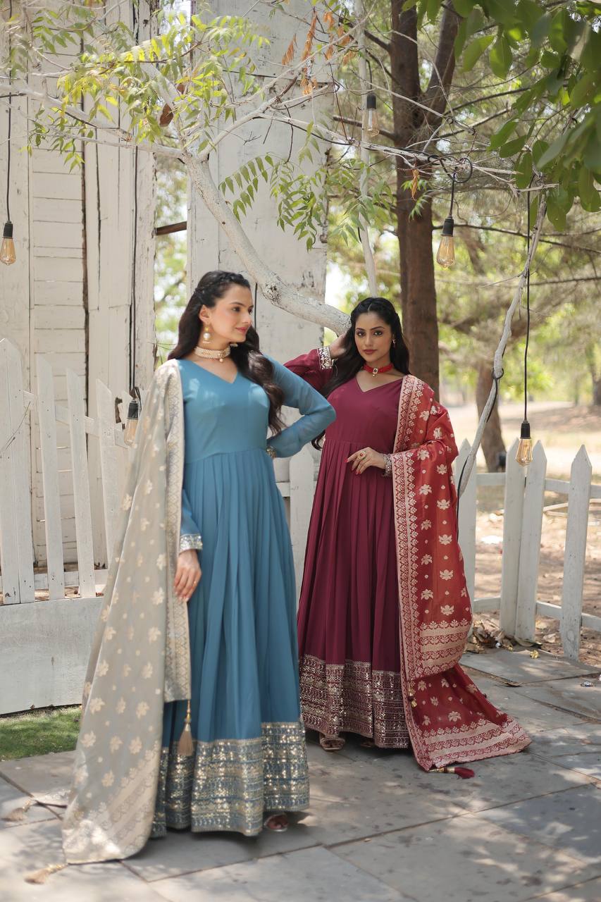 Faux Georgette Gown with Sequins Embroidered Work and Viscose Jacquard Dupatta