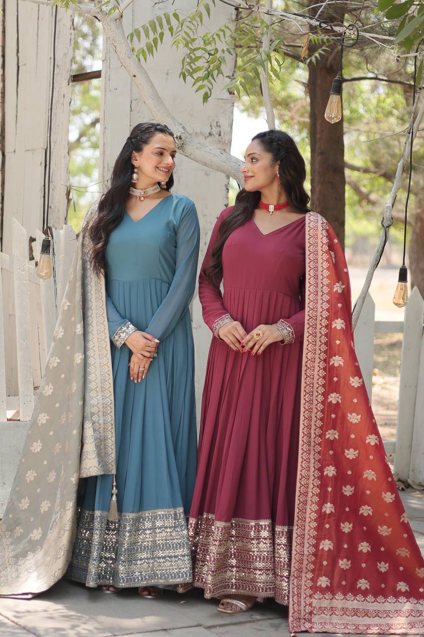 Faux Georgette Gown with Sequins Embroidered Work and Viscose Jacquard Dupatta
