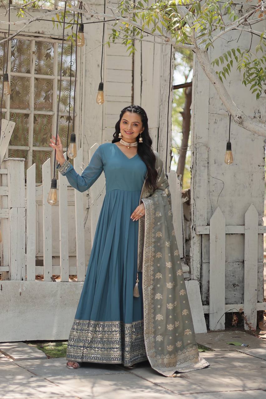 Faux Georgette Gown with Sequins Embroidered Work and Viscose Jacquard Dupatta