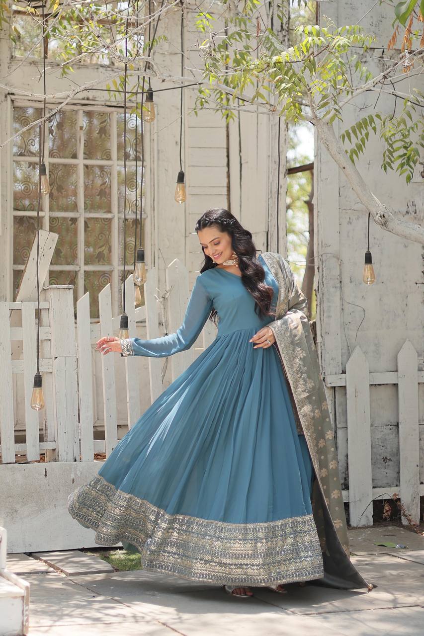 Faux Georgette Gown with Sequins Embroidered Work and Viscose Jacquard Dupatta