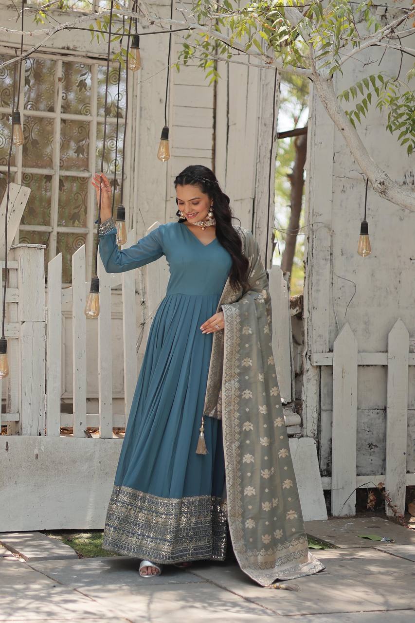 Faux Georgette Gown with Sequins Embroidered Work and Viscose Jacquard Dupatta