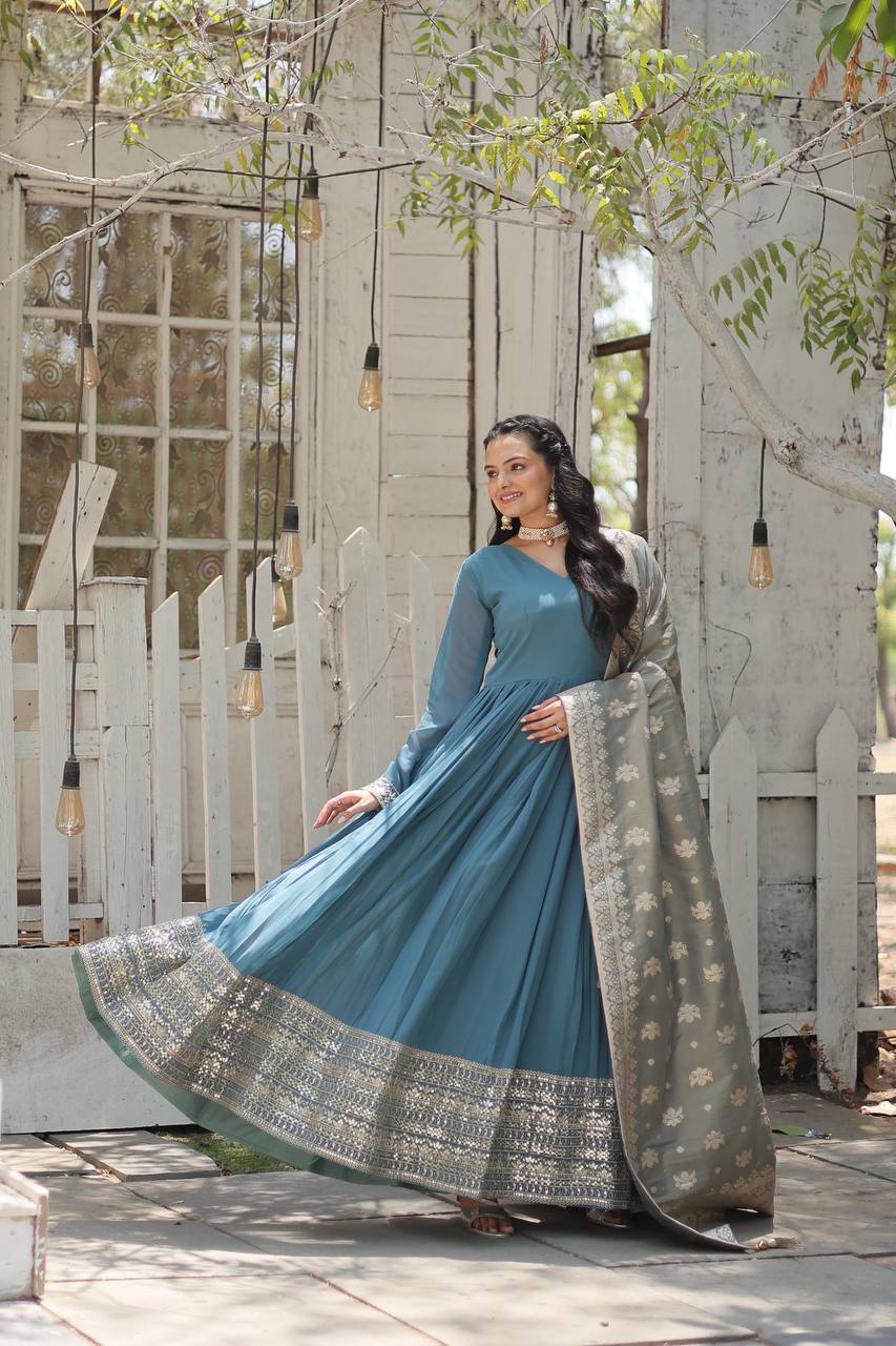 Faux Georgette Gown with Sequins Embroidered Work and Viscose Jacquard Dupatta