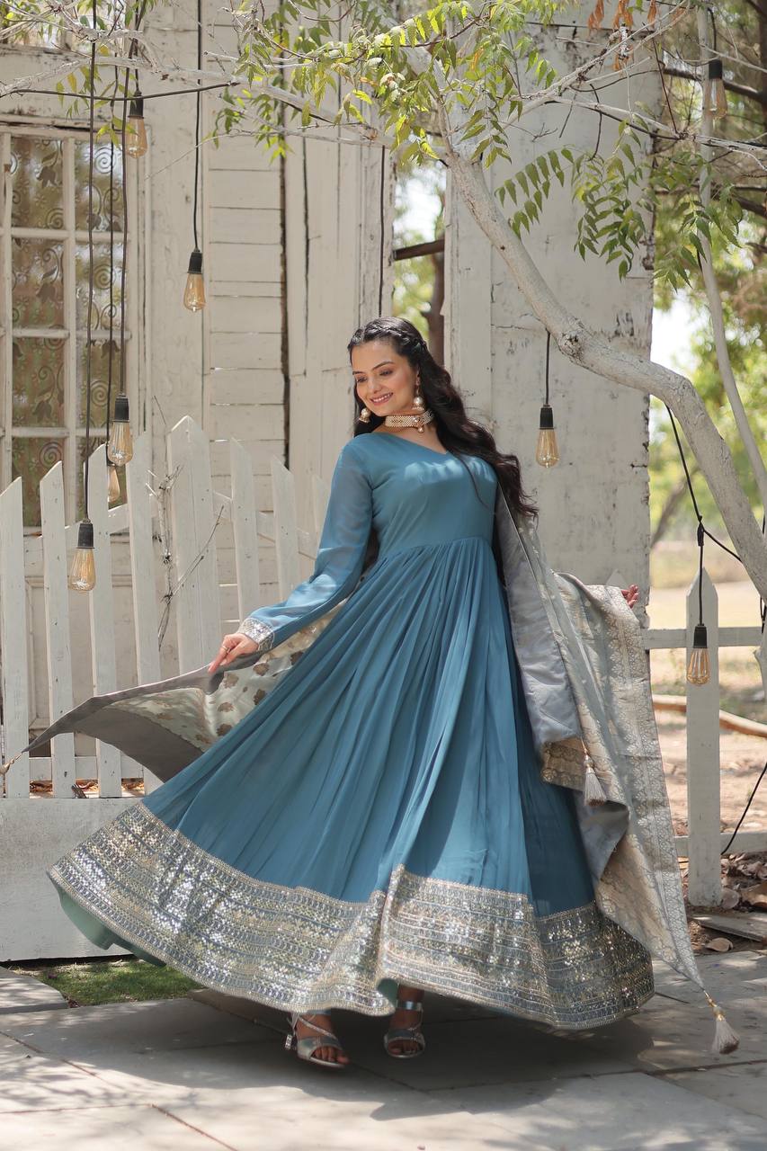 Faux Georgette Gown with Sequins Embroidered Work and Viscose Jacquard Dupatta