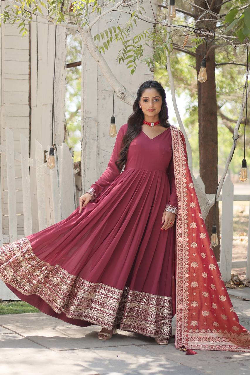 Faux Georgette Gown with Sequins Embroidered Work and Viscose Jacquard Dupatta