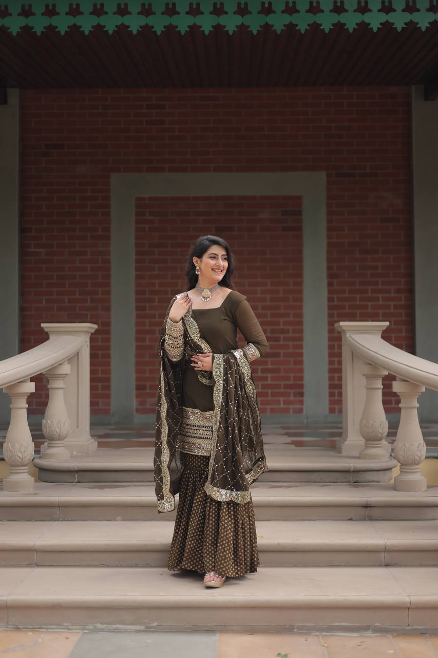 Faux Georgette Sharara Suit with Sequins Embroidery