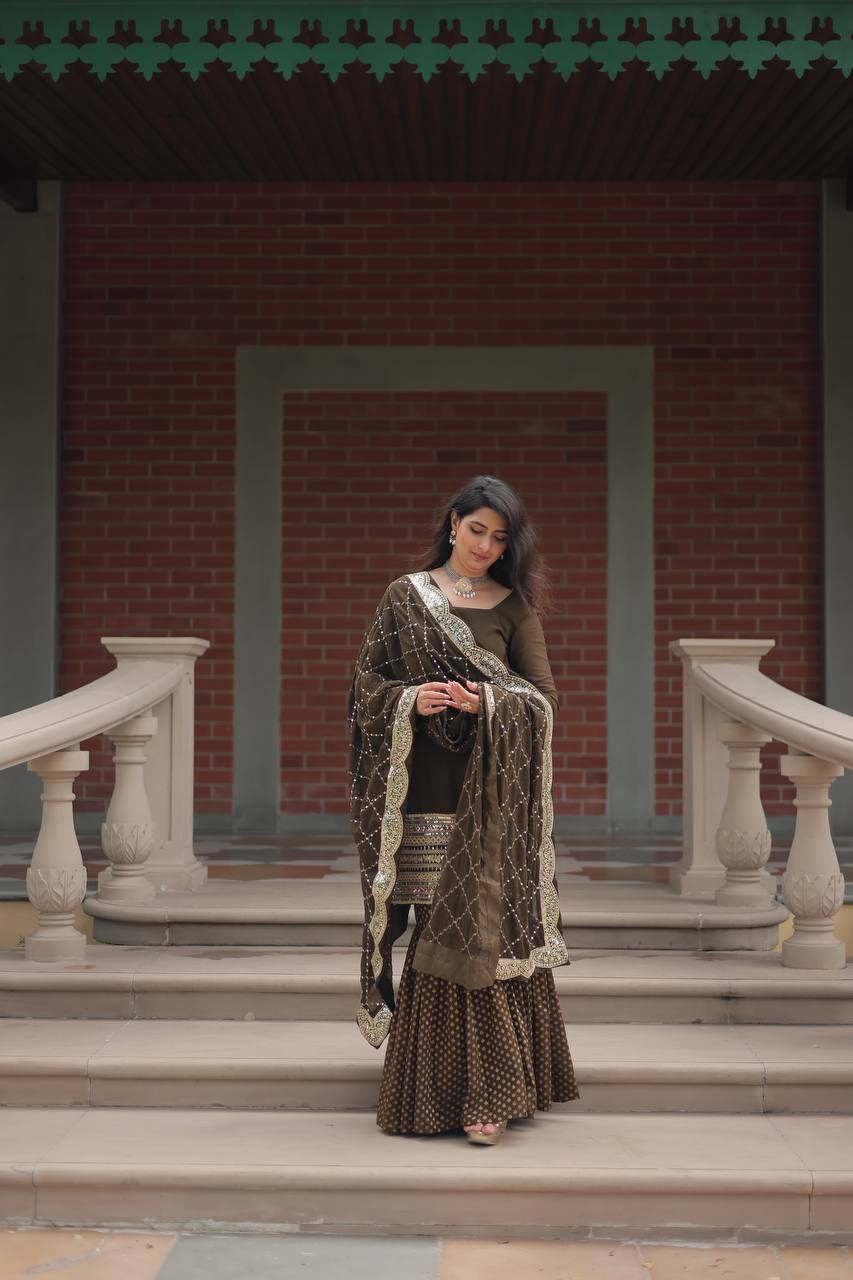 Faux Georgette Sharara Suit with Sequins Embroidery