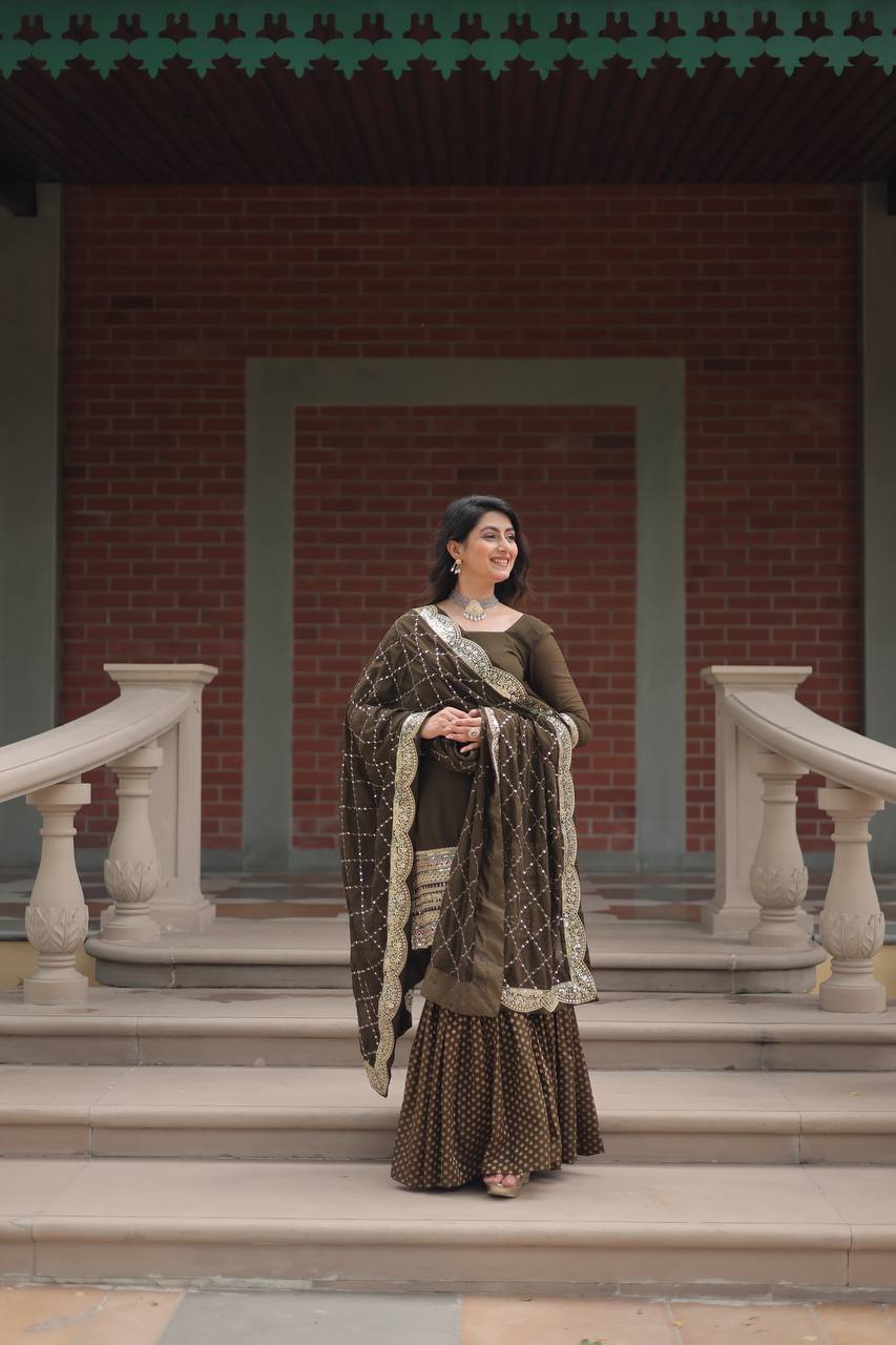 Faux Georgette Sharara Suit with Sequins Embroidery