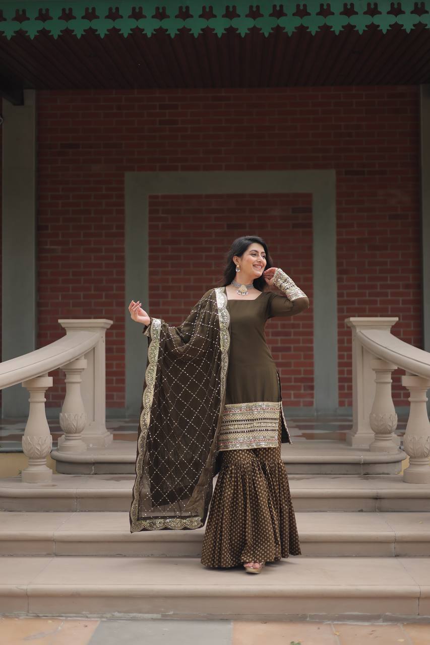 Faux Georgette Sharara Suit with Sequins Embroidery