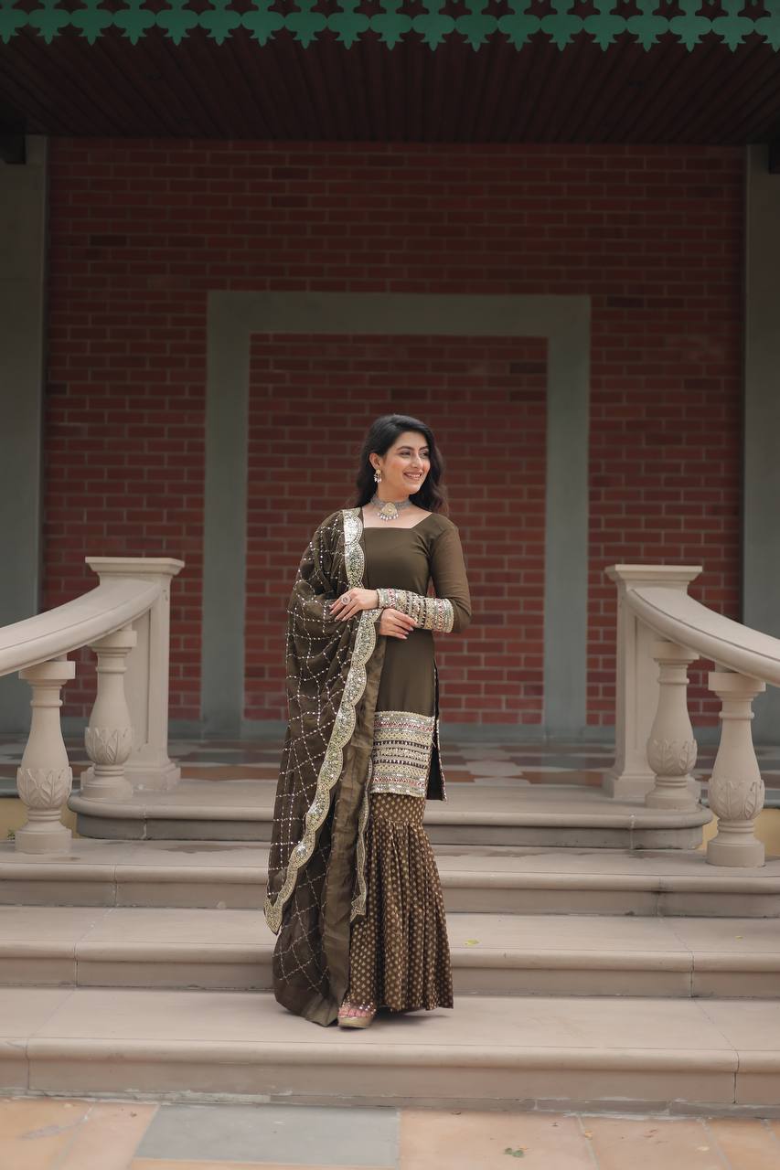 Faux Georgette Sharara Suit with Sequins Embroidery