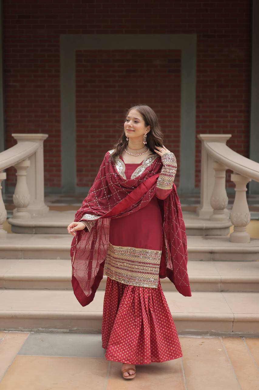 Faux Georgette Sharara Suit with Sequins Embroidery