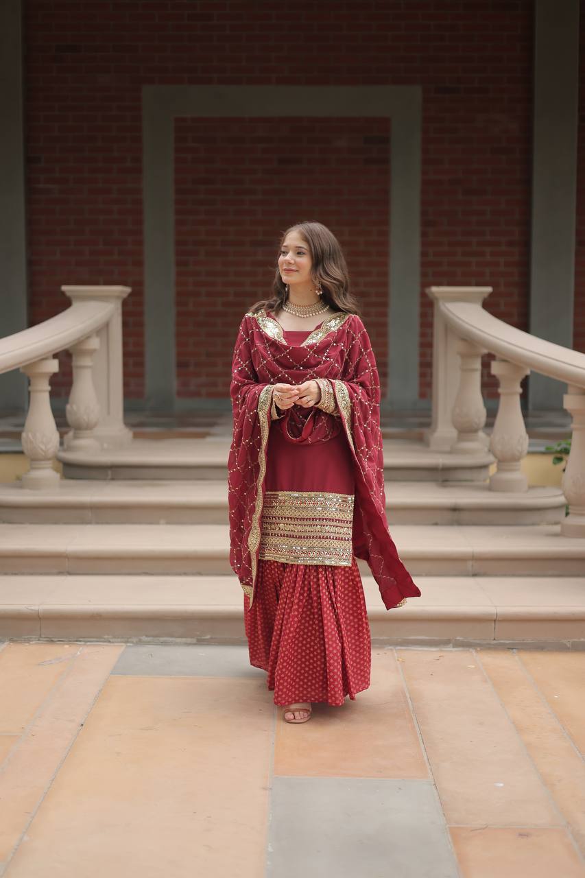 Faux Georgette Sharara Suit with Sequins Embroidery