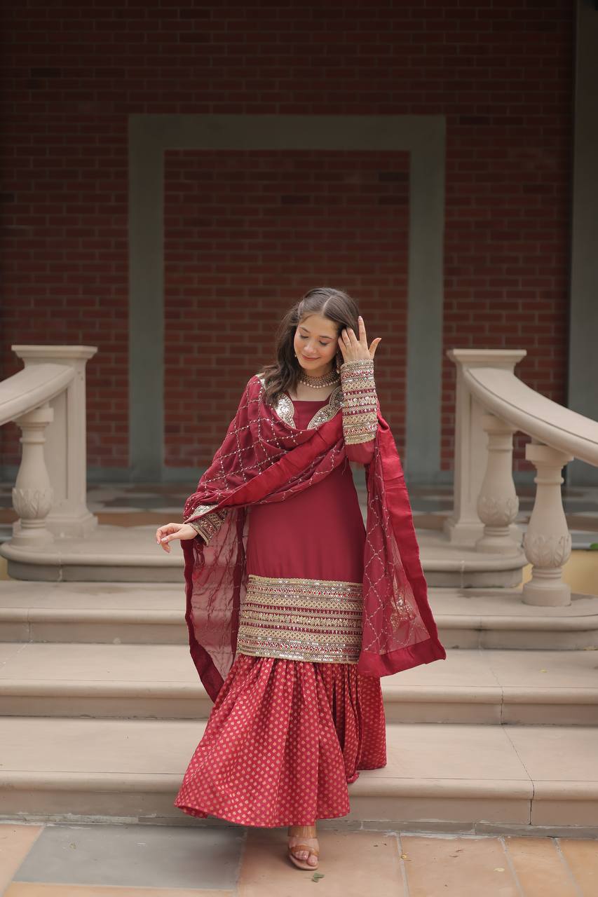 Faux Georgette Sharara Suit with Sequins Embroidery