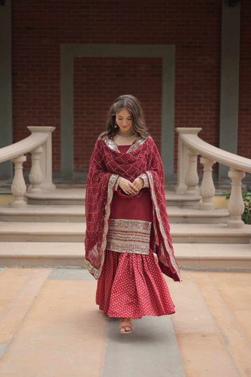 Faux Georgette Sharara Suit with Sequins Embroidery