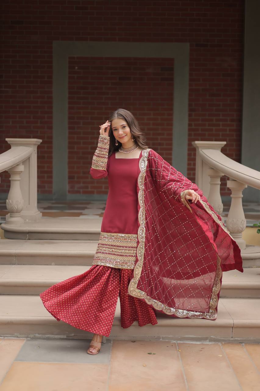 Faux Georgette Sharara Suit with Sequins Embroidery