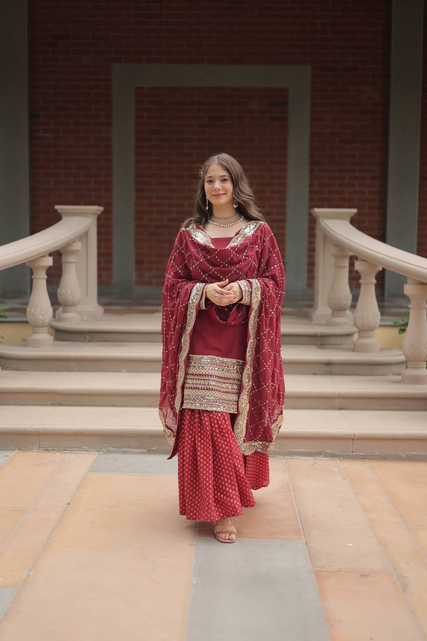 Faux Georgette Sharara Suit with Sequins Embroidery