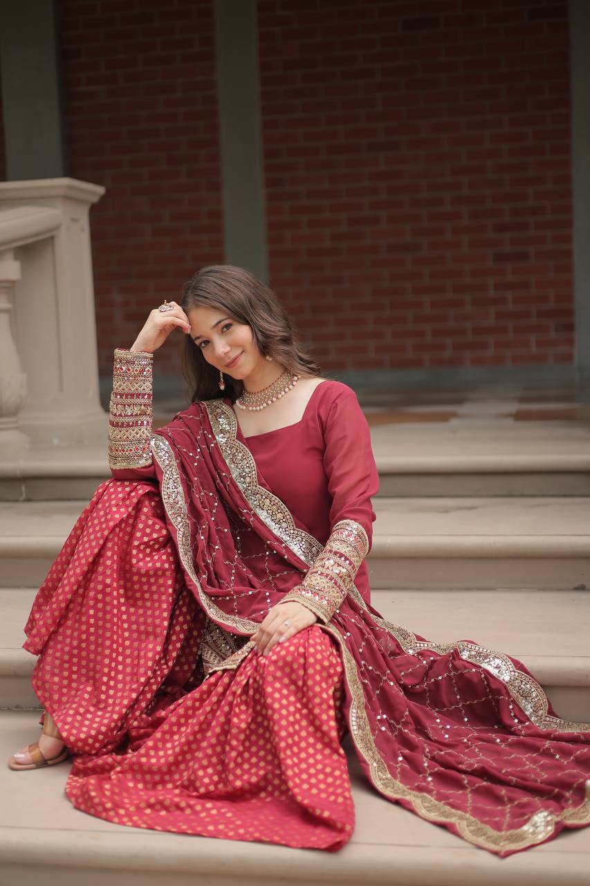 Faux Georgette Sharara Suit with Sequins Embroidery