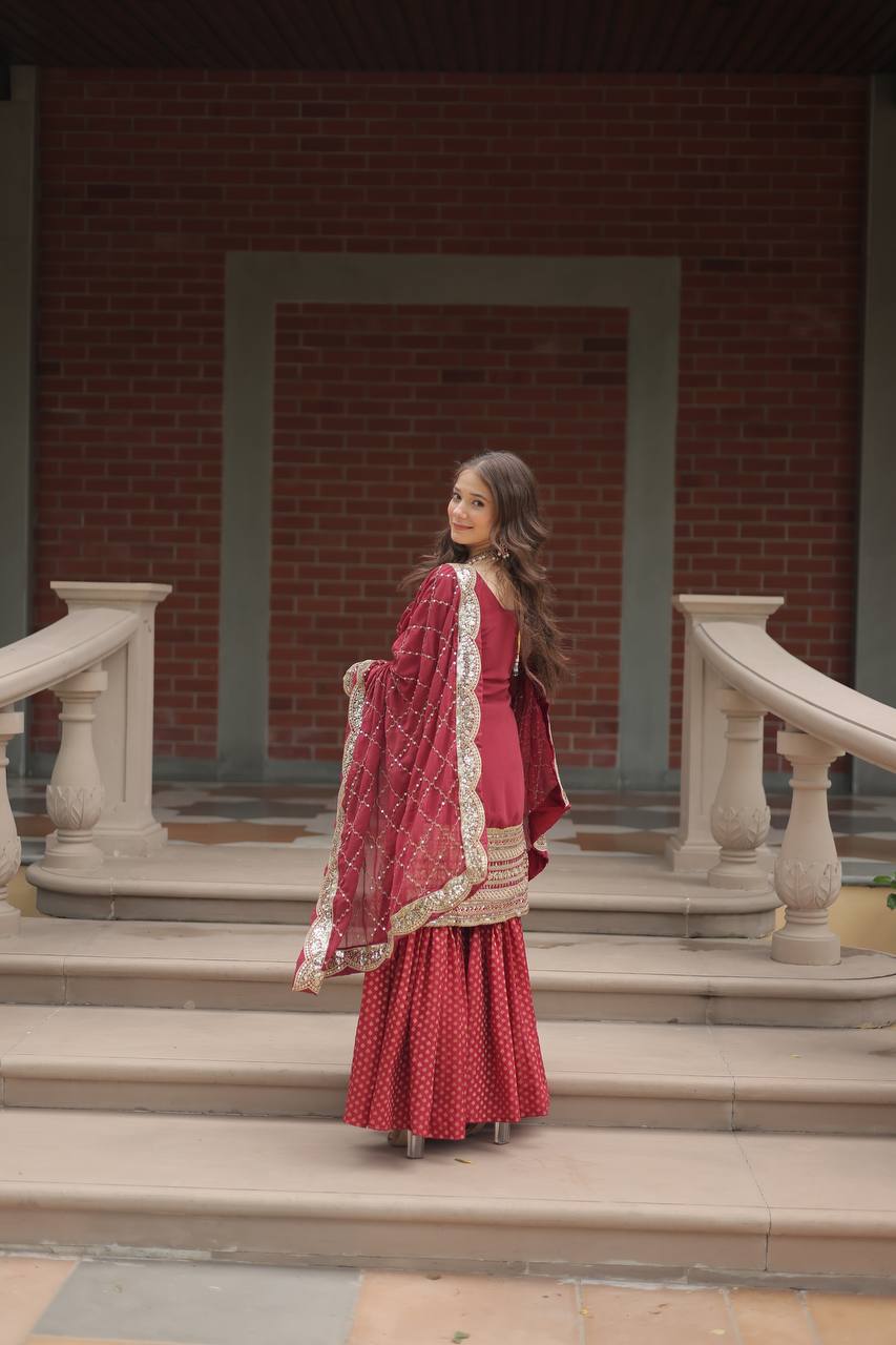 Faux Georgette Sharara Suit with Sequins Embroidery