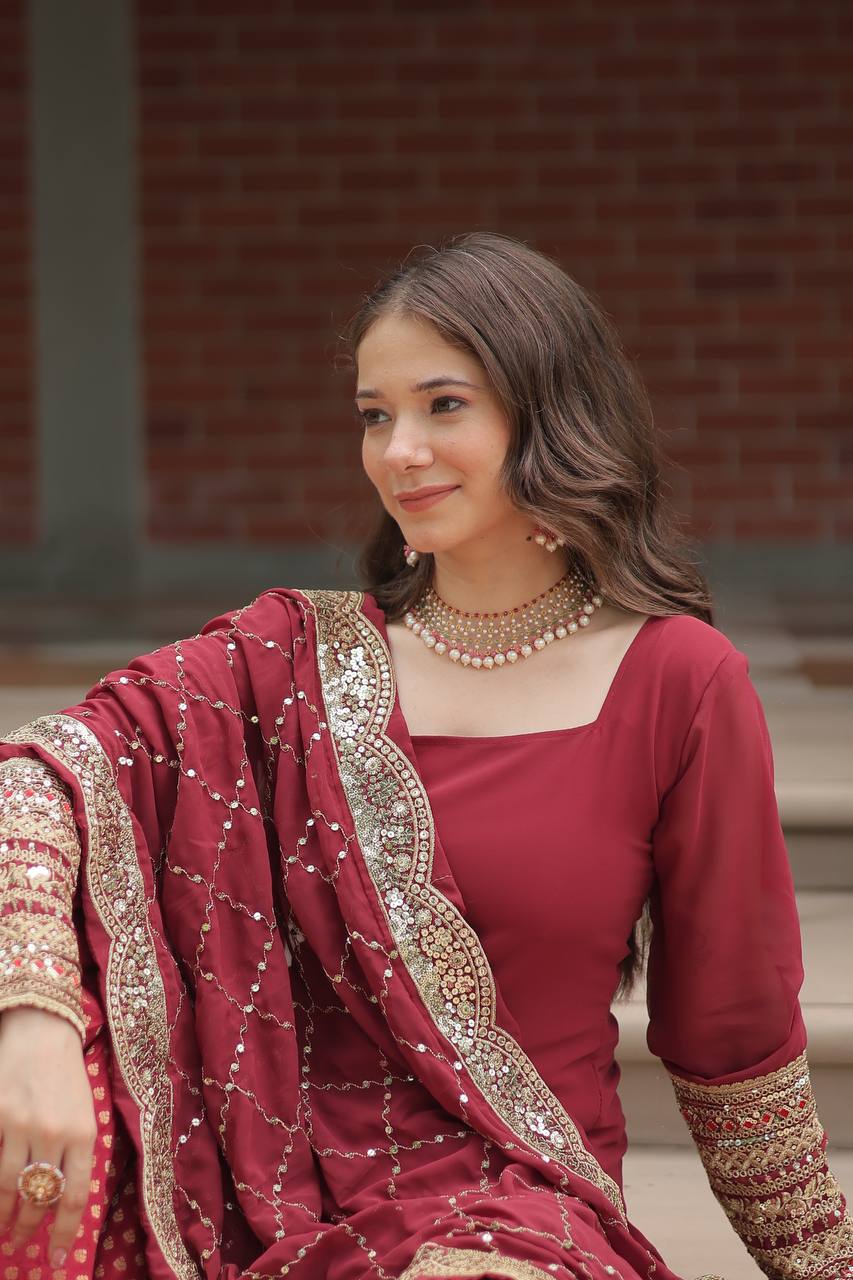 Faux Georgette Sharara Suit with Sequins Embroidery