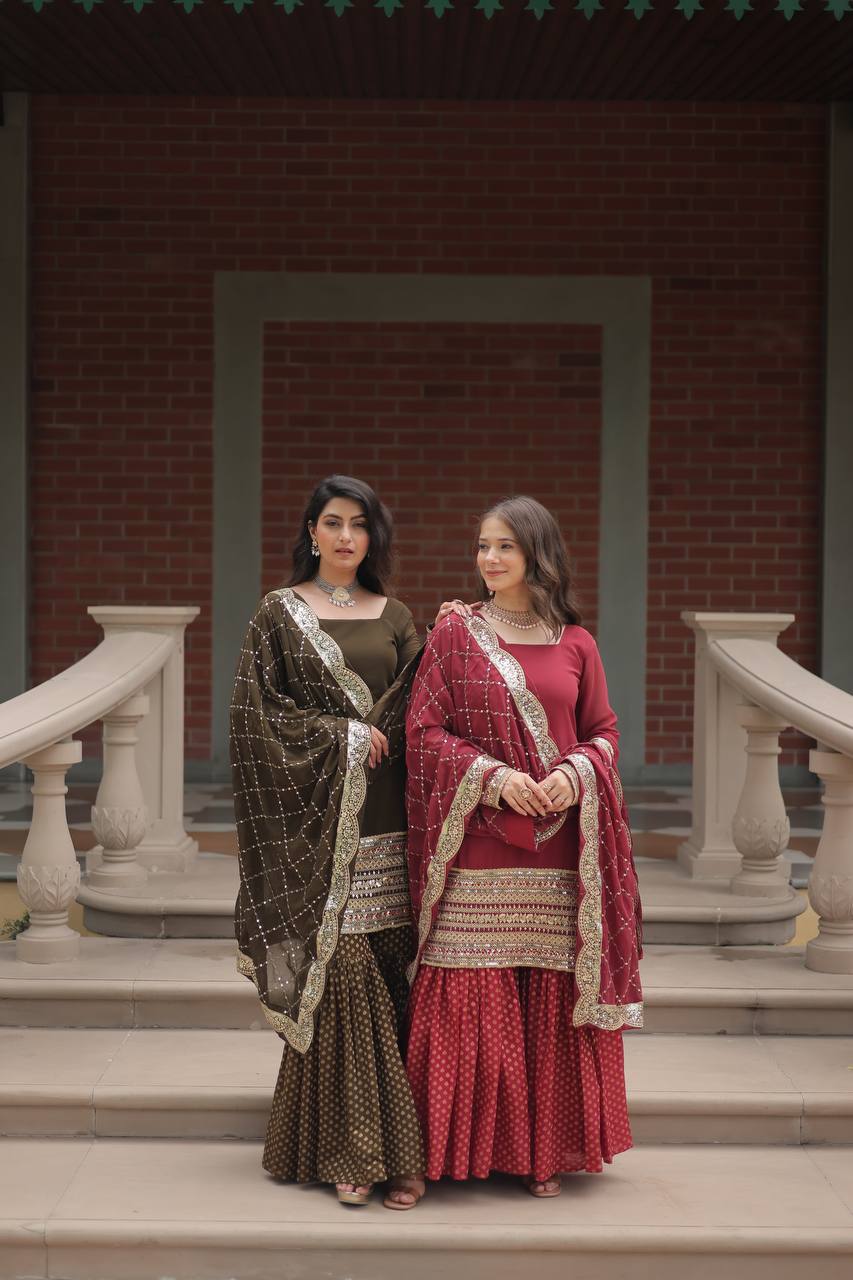Faux Georgette Sharara Suit with Sequins Embroidery