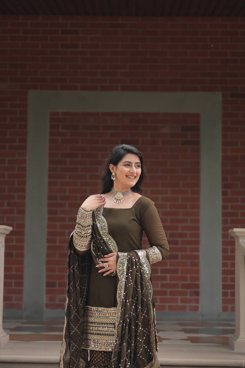 Faux Georgette Sharara Suit with Sequins Embroidery