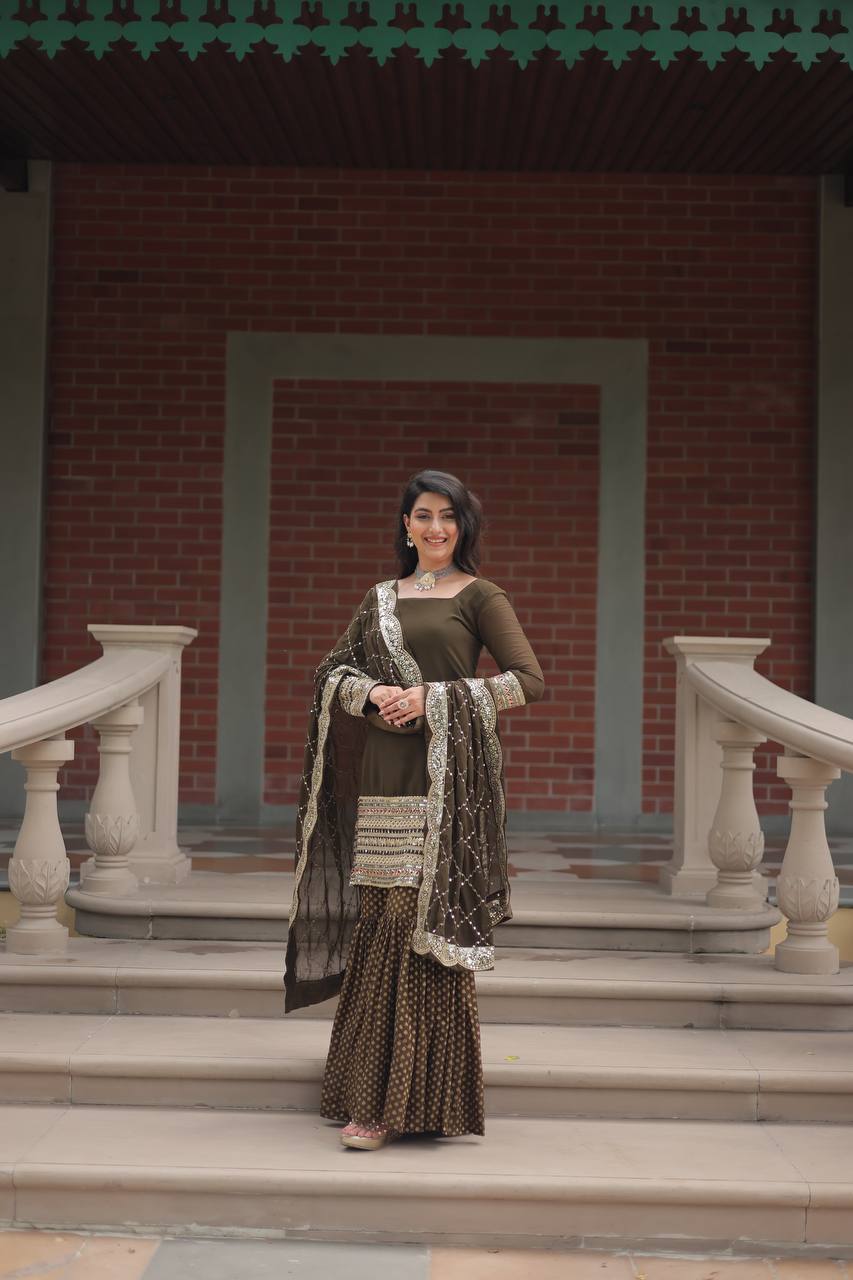 Faux Georgette Sharara Suit with Sequins Embroidery