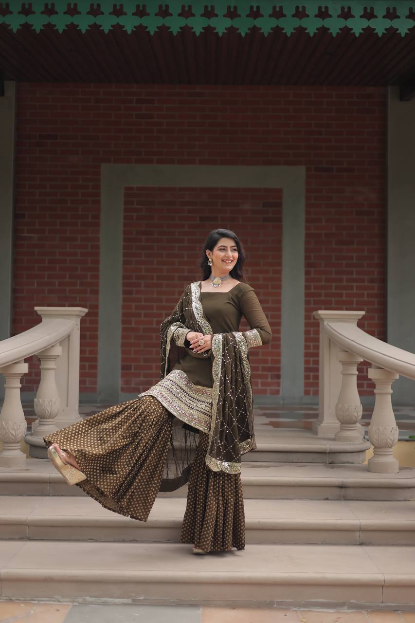 Faux Georgette Sharara Suit with Sequins Embroidery