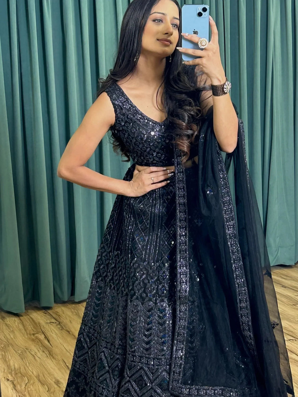 Attractive Black Sequins Net Reception Wear Lehenga Choli With Dupatta