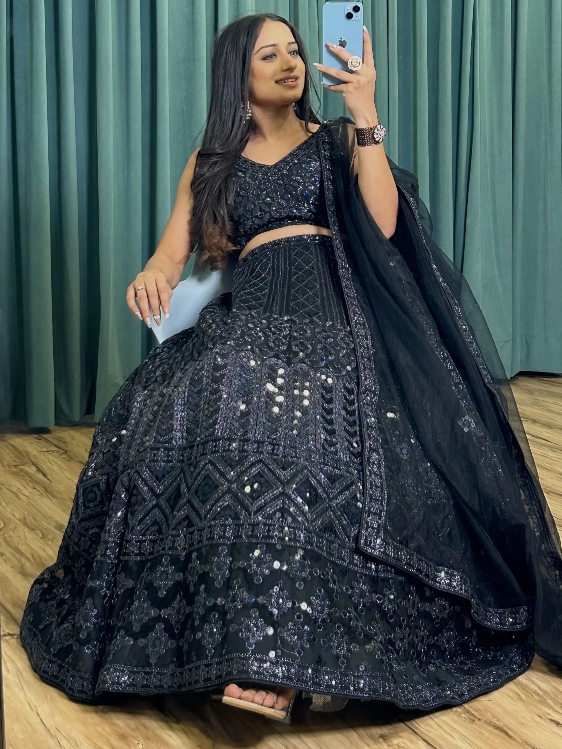 Attractive Black Sequins Net Reception Wear Lehenga Choli With Dupatta