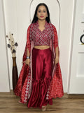 Beautiful Red Mirror Work Satin Sharara Crop-Top With Jacket