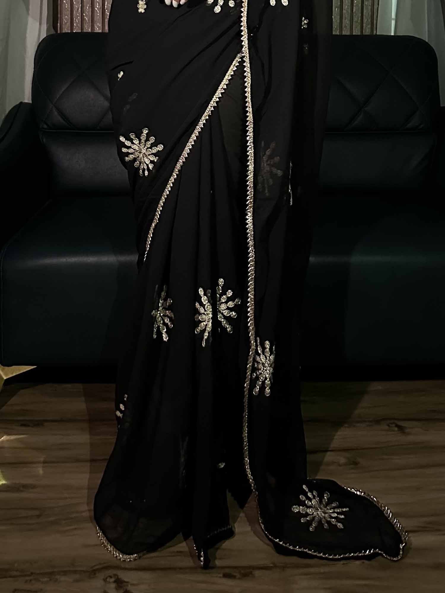 Gorgeous Black Embroidered Georgette Party Wear Saree With Blouse