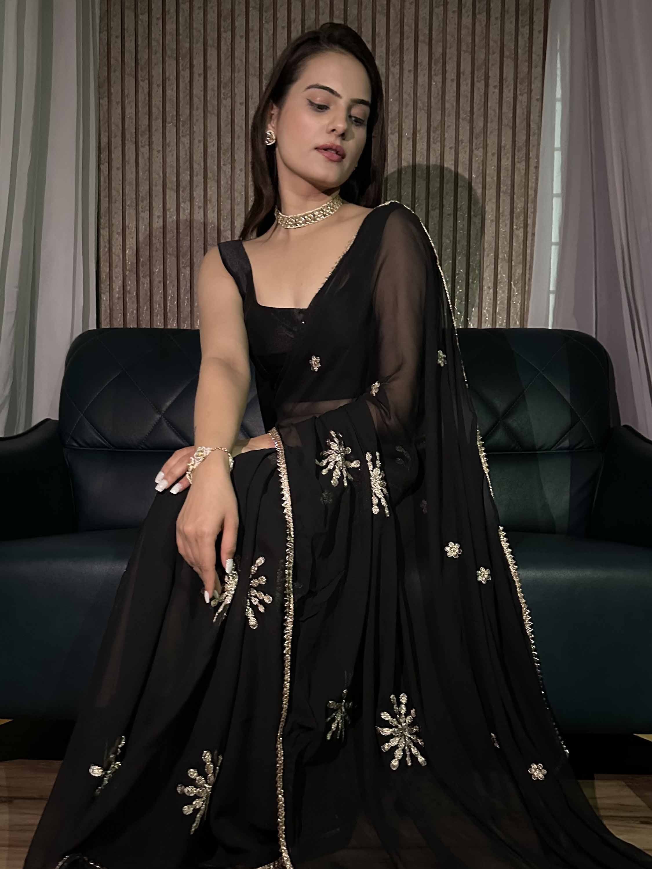 Gorgeous Black Embroidered Georgette Party Wear Saree With Blouse