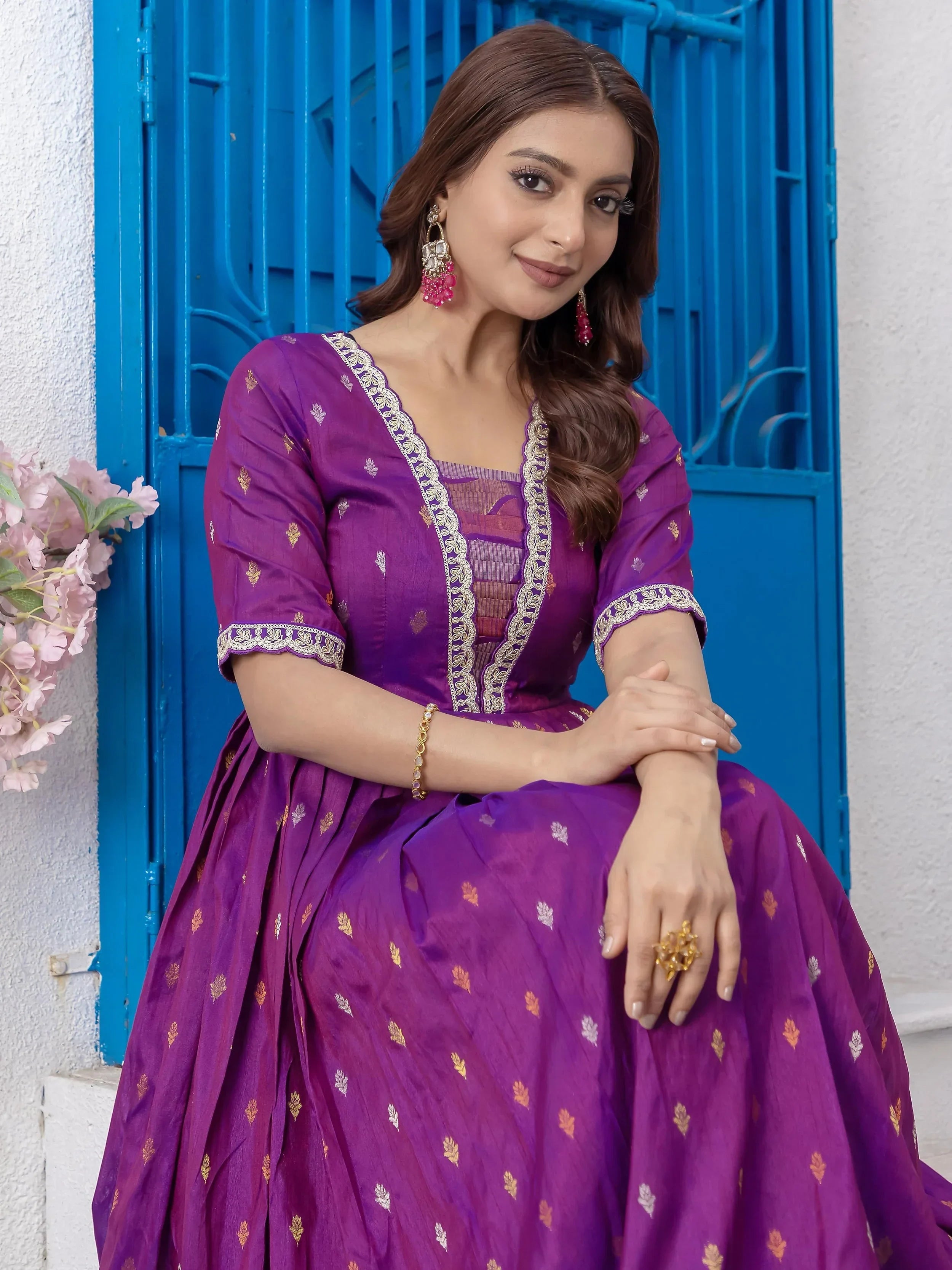 Feminine Purple Zari Weaving Casual Wear Gown