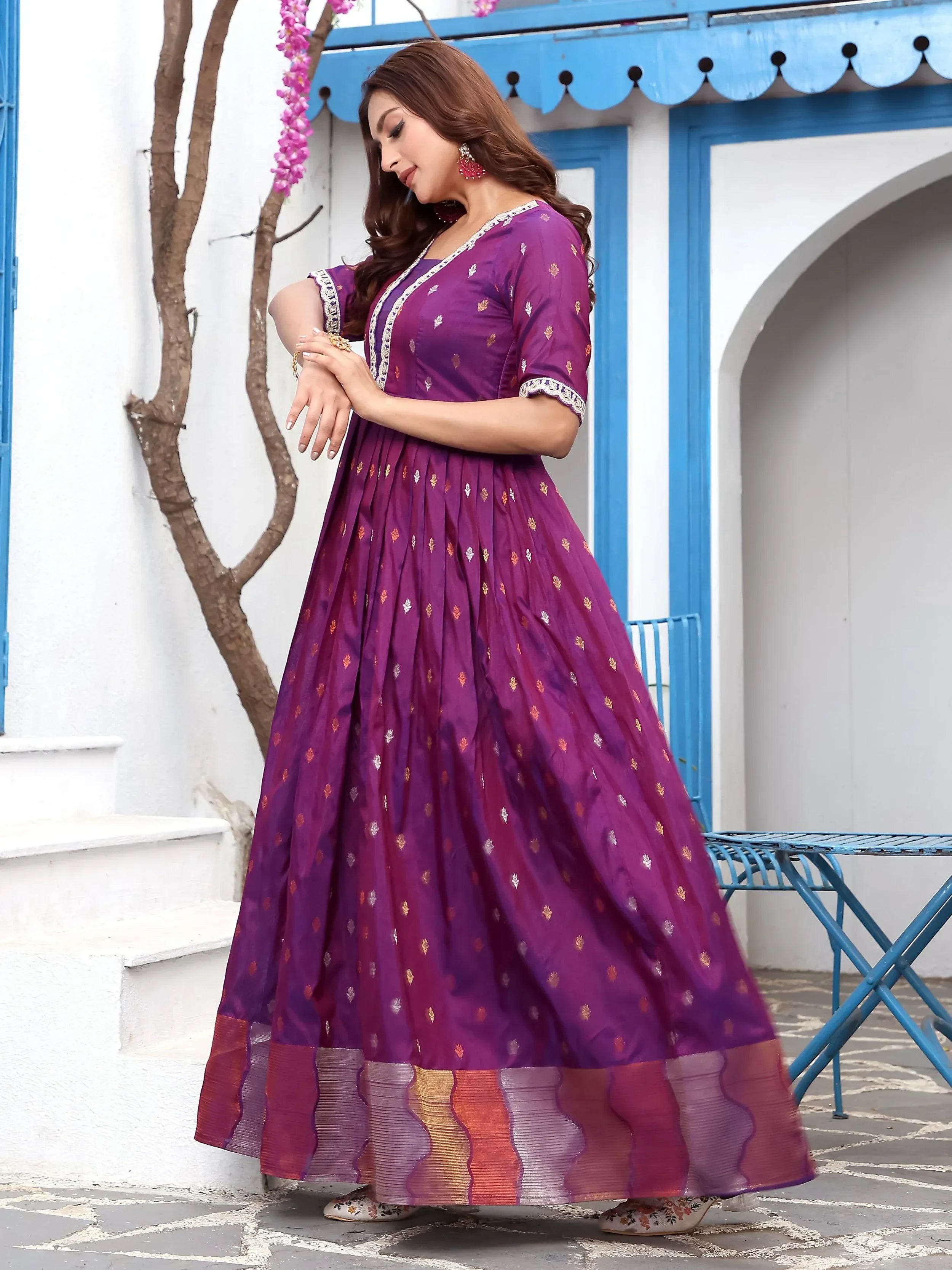 Feminine Purple Zari Weaving Casual Wear Gown