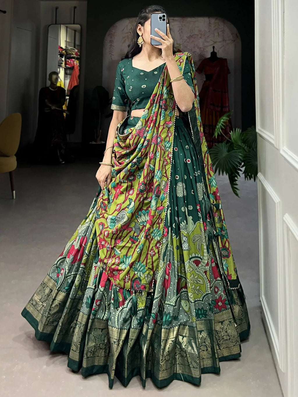 Green Fetching Kalamkari Print Tussar Silk Festival Wear Lehenga Choli