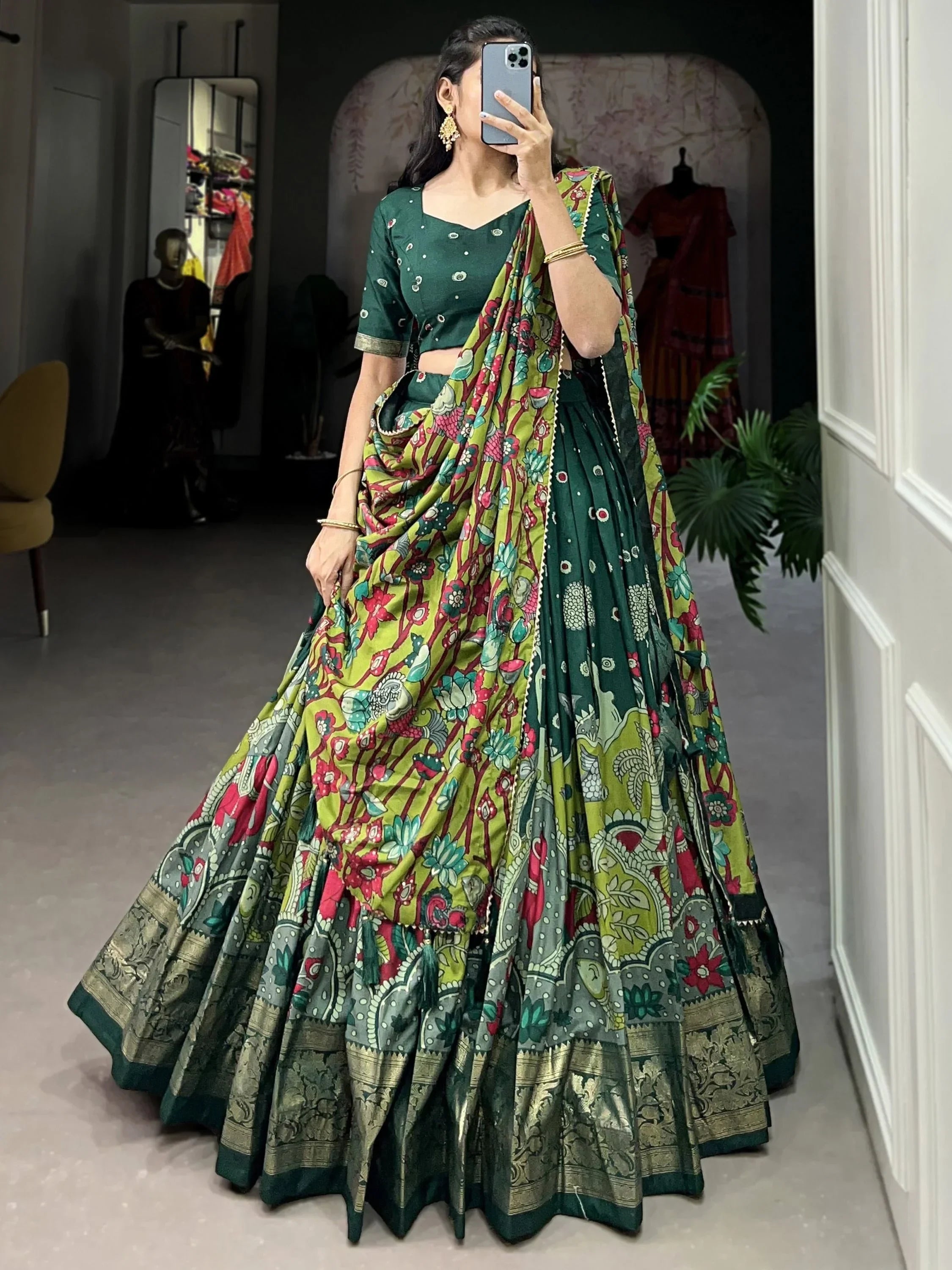 Green Fetching Kalamkari Print Tussar Silk Festival Wear Lehenga Choli