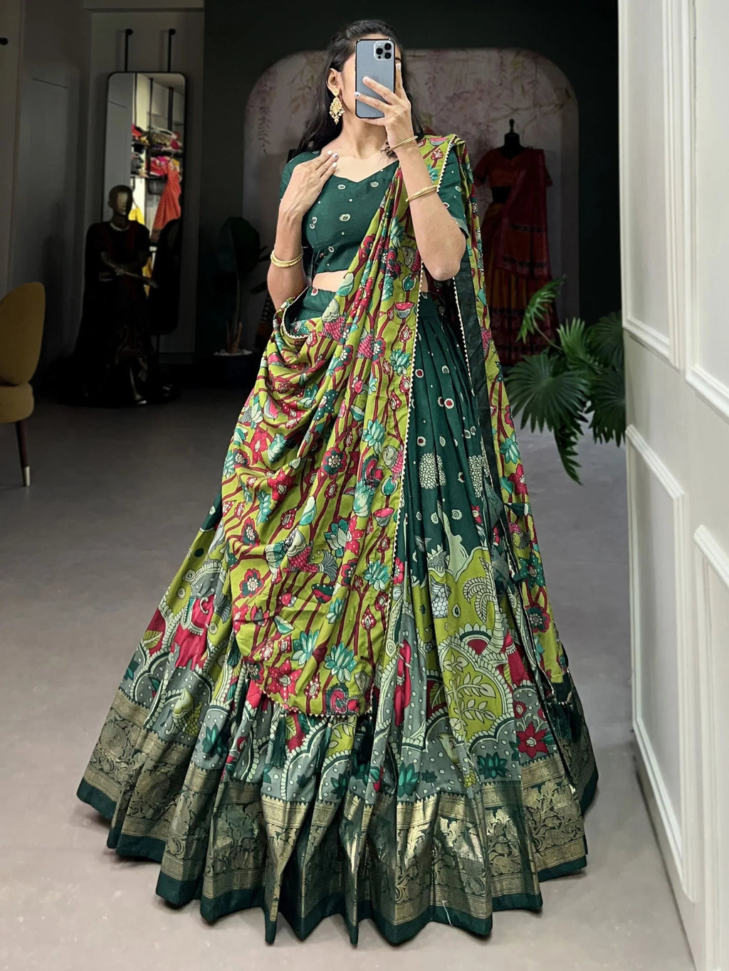 Green Fetching Kalamkari Print Tussar Silk Festival Wear Lehenga Choli