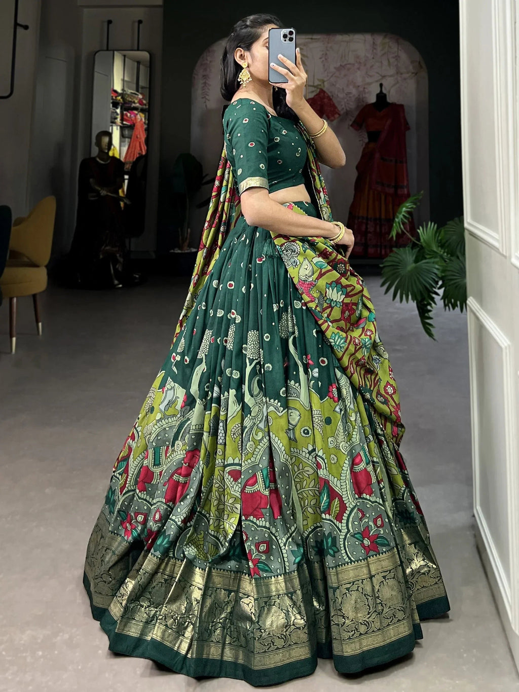 Green Fetching Kalamkari Print Tussar Silk Festival Wear Lehenga Choli