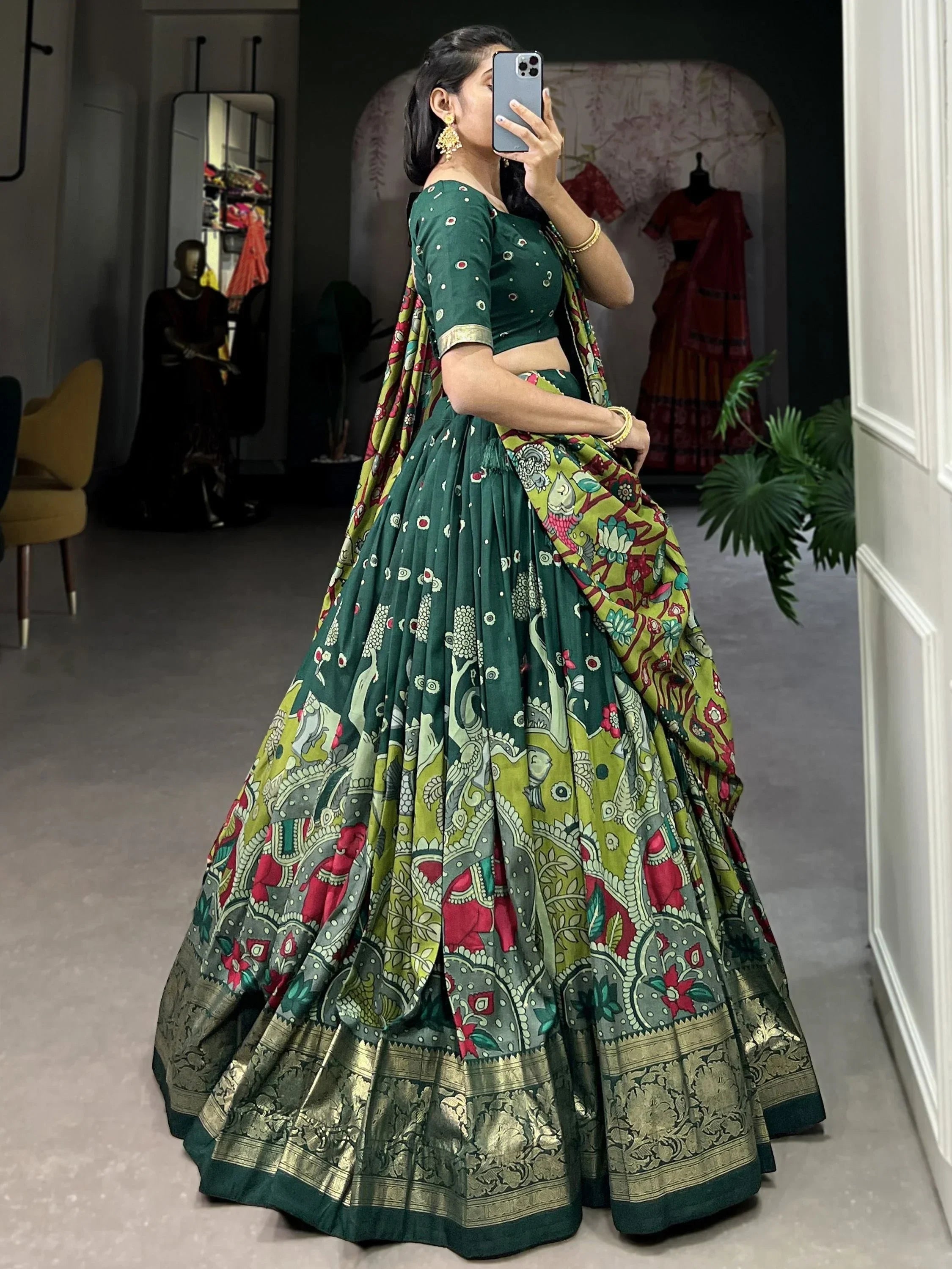 Green Fetching Kalamkari Print Tussar Silk Festival Wear Lehenga Choli