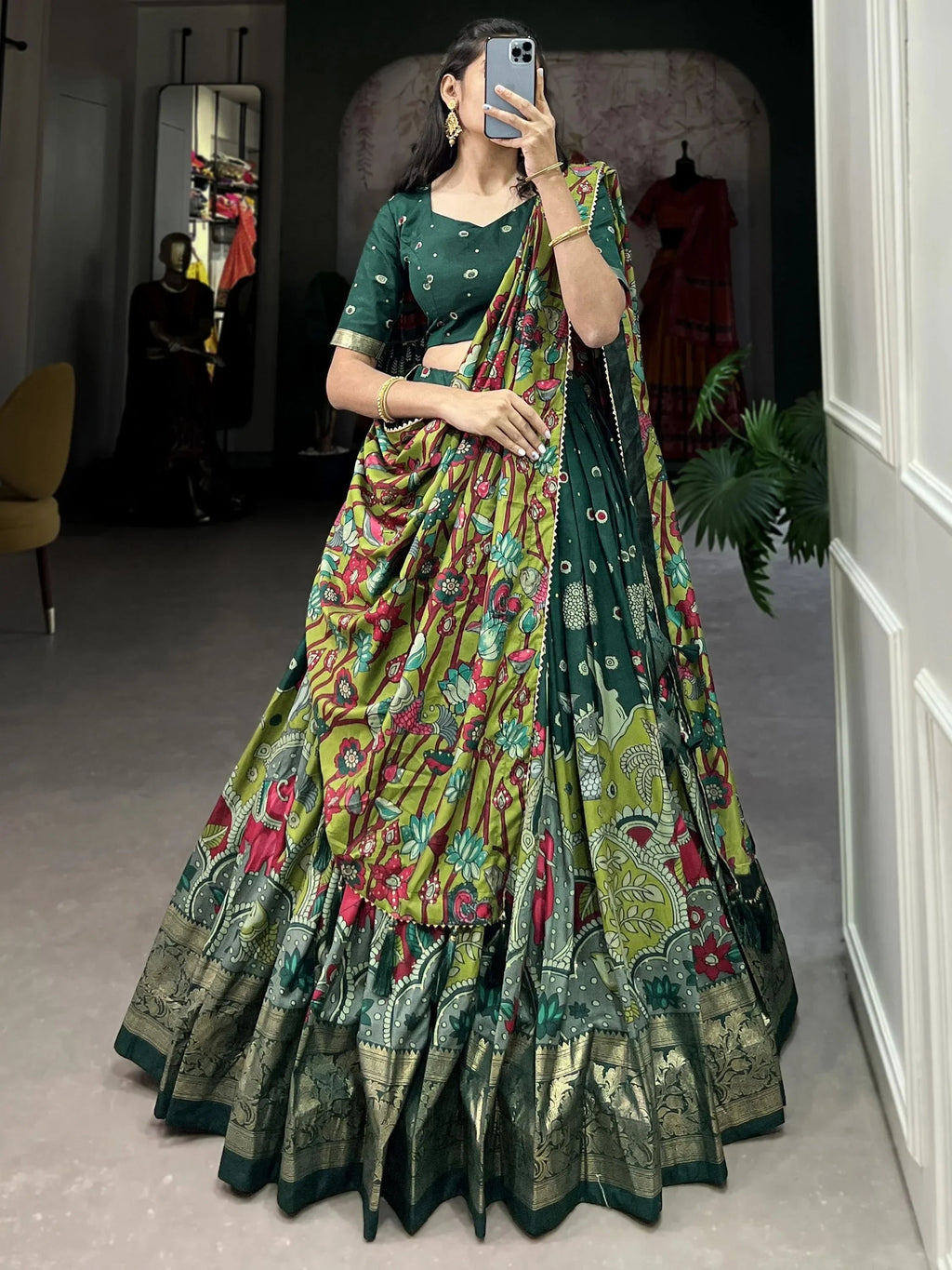 Green Fetching Kalamkari Print Tussar Silk Festival Wear Lehenga Choli