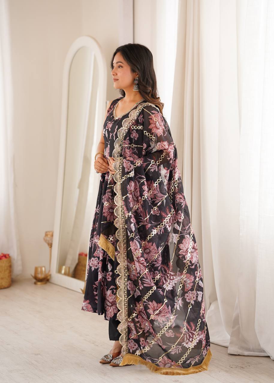 Floral Pure Muslin Salwar Kameez with Floral Print and Organza Dupatta for Festivals