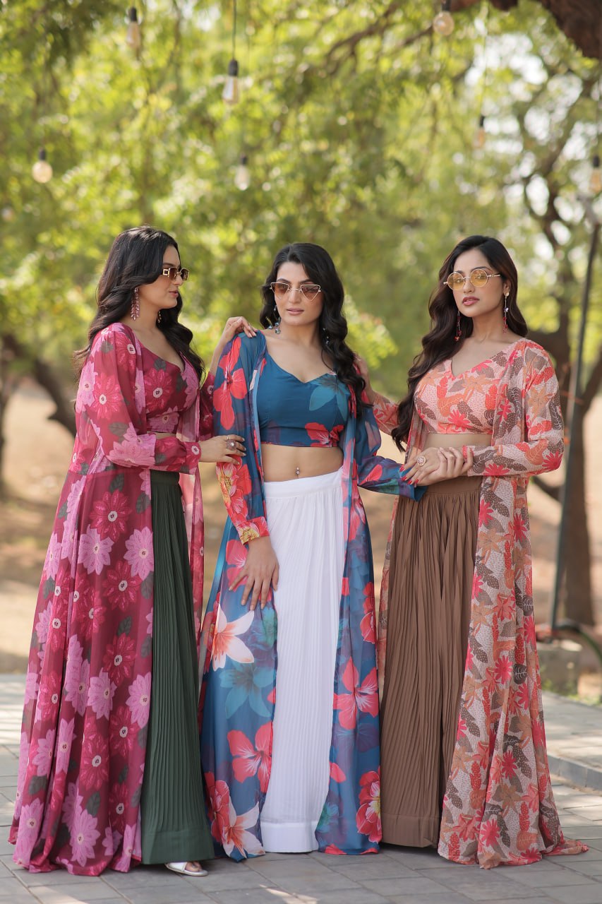 Floral Print Faux Georgette Lehenga Choli with Shrug