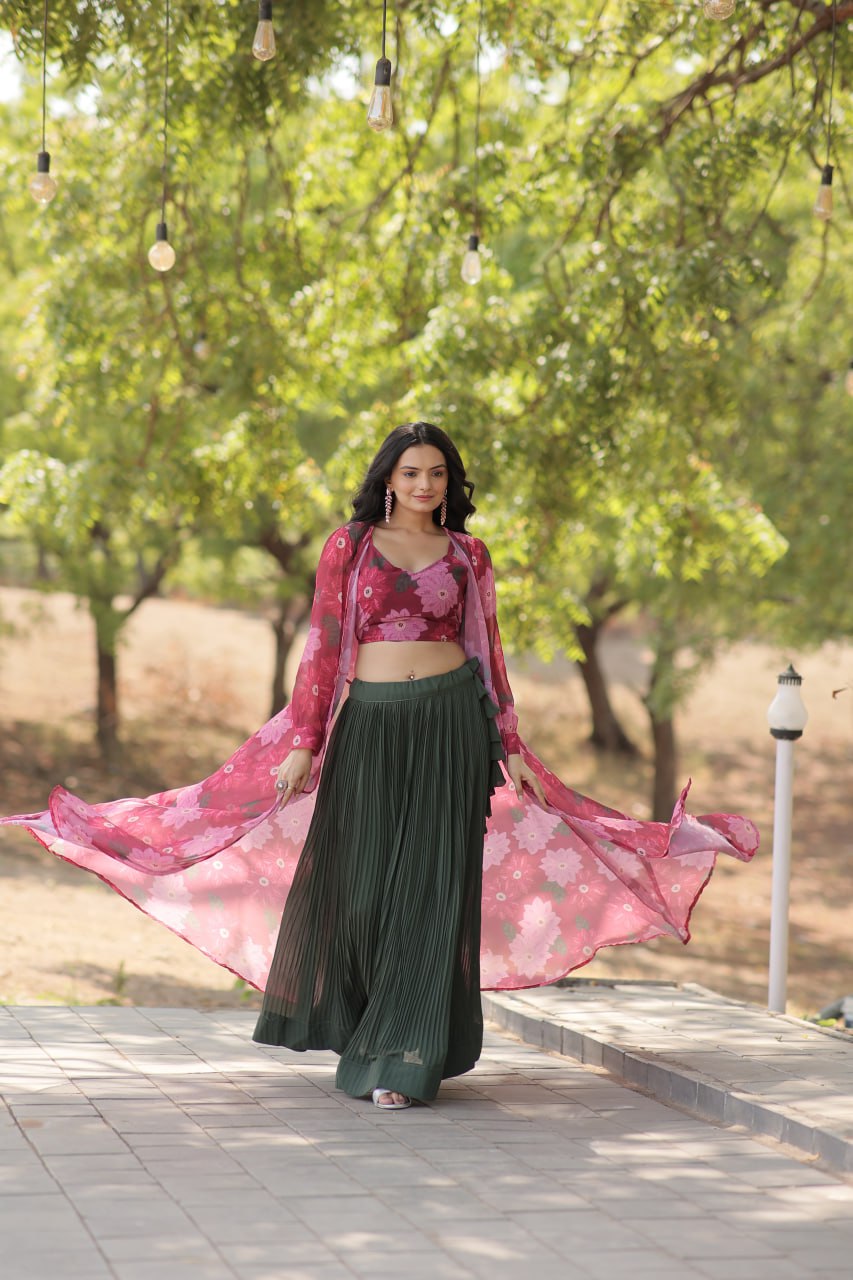 Floral Print Faux Georgette Lehenga Choli with Shrug