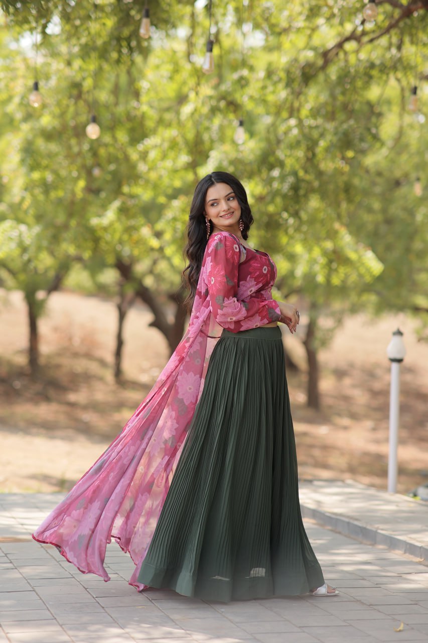 Floral Print Faux Georgette Lehenga Choli with Shrug