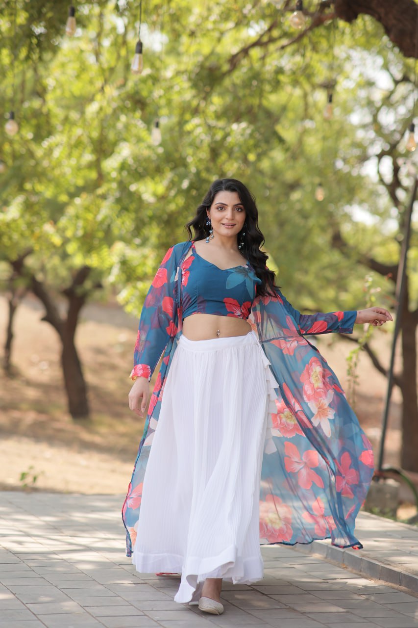 Floral Print Faux Georgette Lehenga Choli with Shrug