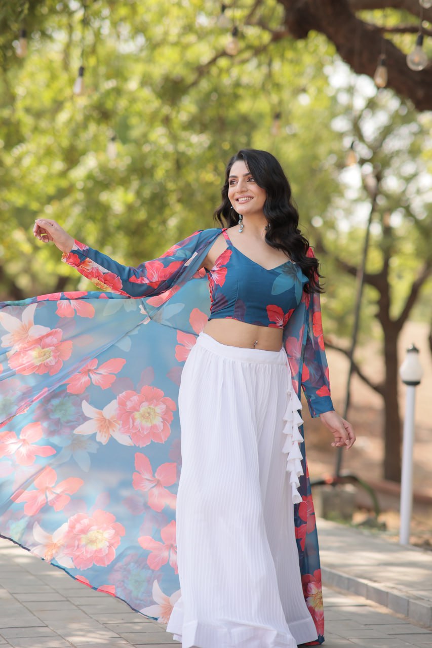 Floral Print Faux Georgette Lehenga Choli with Shrug